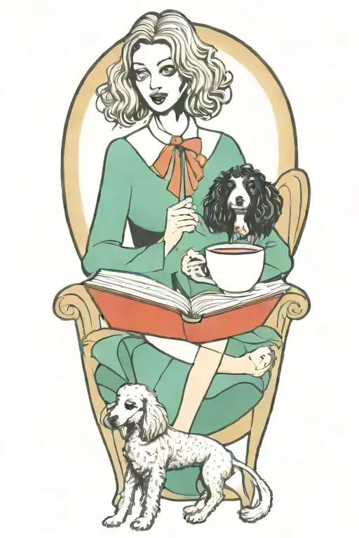 Alice In Wonderland Reading A Book With A Cup Of Coffee And A Poodle Dog