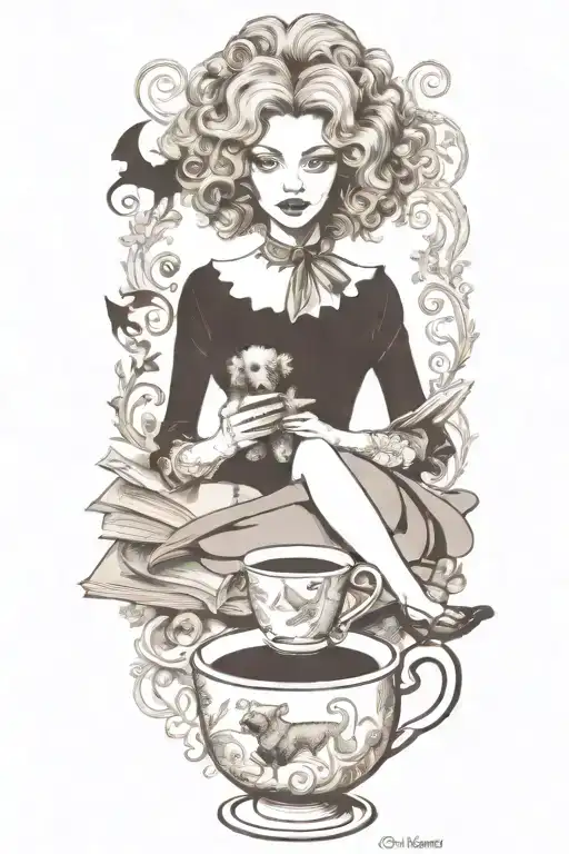 Alice In Wonderland Reading A Book With A Cup Of Coffee And A Poodle Dog