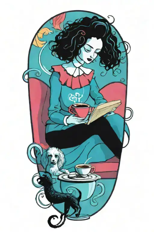 Alice In Wonderland Reading A Book With A Cup Of Coffee And A Poodle Dog
