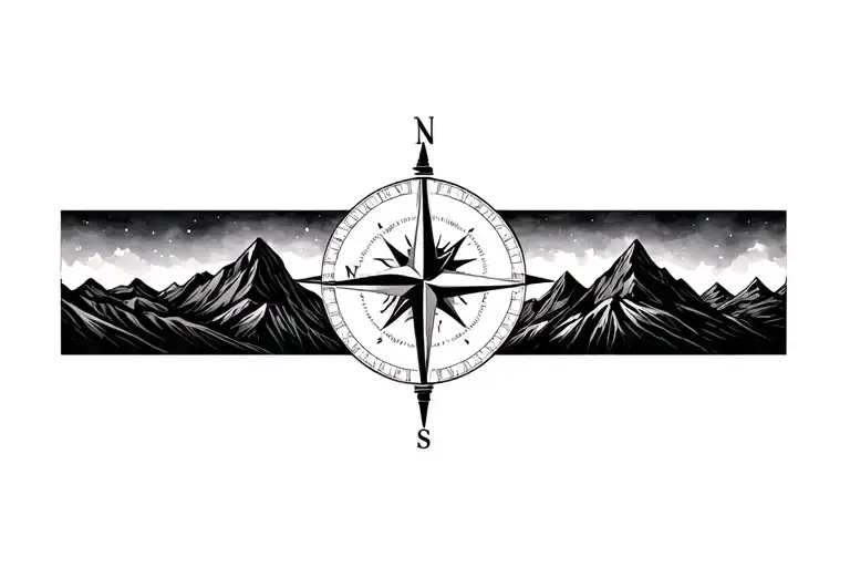 Compass Surrounded By Mountins Black And Grey