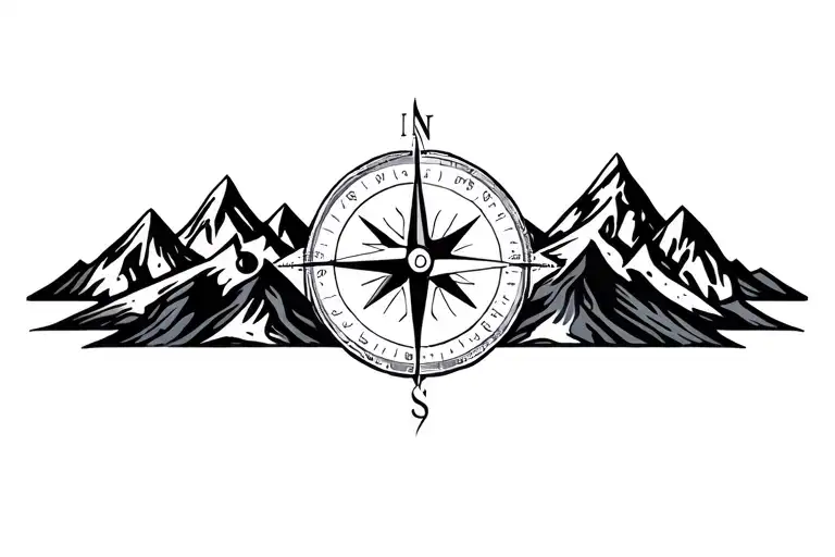 Compass Surrounded By Mountins Black And Grey