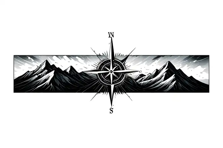 Compass Surrounded By Mountins Black And Grey