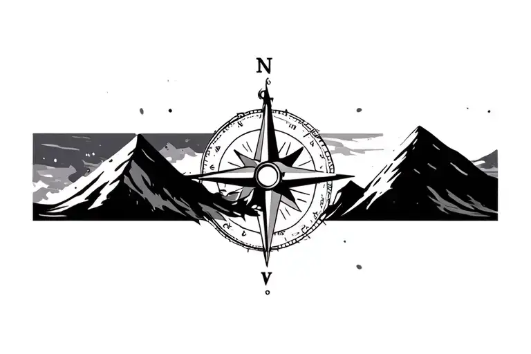 Compass Surrounded By Mountins Black And Grey
