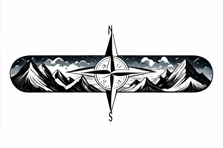 Compass Surrounded By Mountins Black And Grey