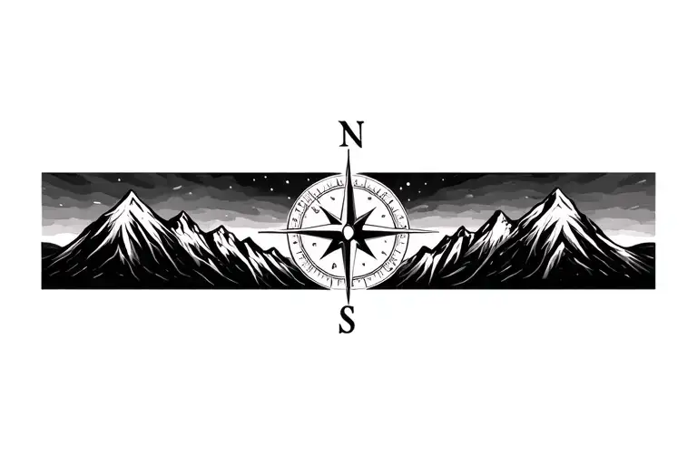 Compass Surrounded By Mountins Black And Grey
