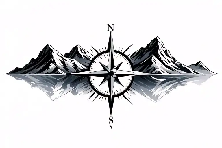 Compass Surrounded By Mountins Black And Grey