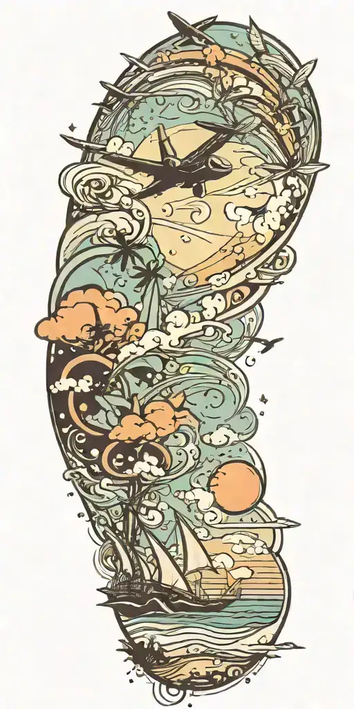 Beach Scene With A Jet Flying In The Sky Background