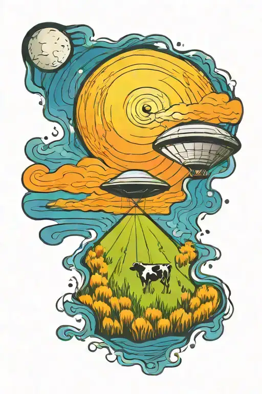 A Tattoo Of A Ufo Abduction Beam Shining Down On A Cow In A Farm Field At Night