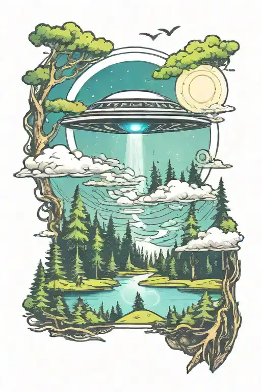 A Tattoo Of A Single Ufo Abduction Beam Over A Forest Landscape