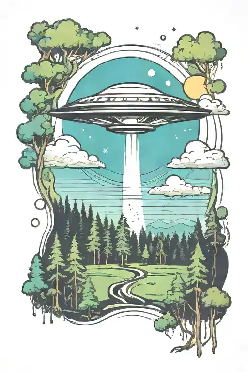 A Tattoo Of A Single Ufo Abduction Beam Over A Forest Landscape