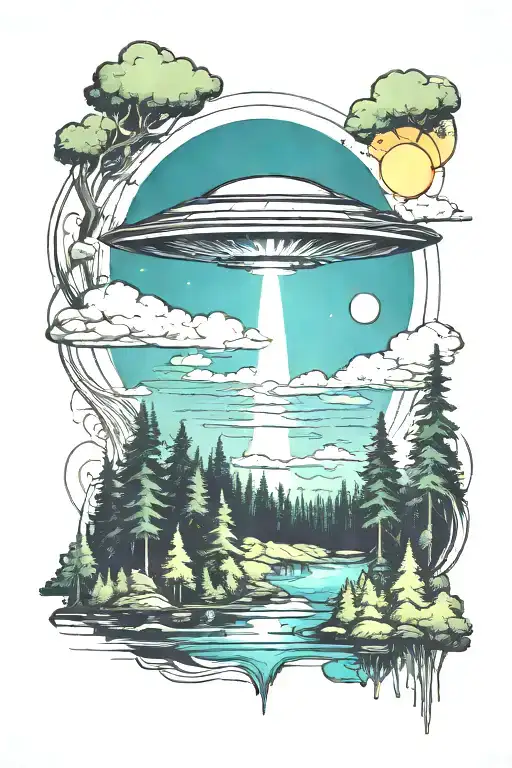 A Tattoo Of A Single Ufo Abduction Beam Over A Forest Landscape