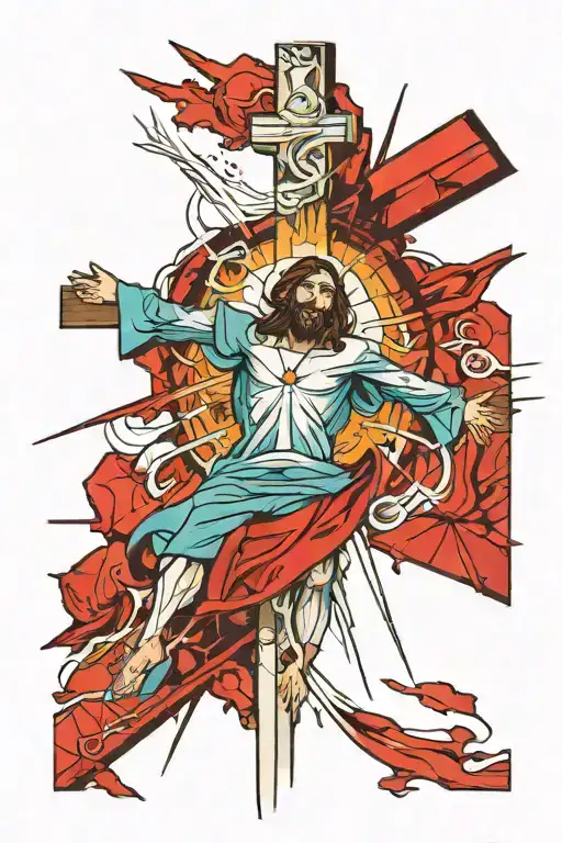 Jesus On The Cross With Light Beams Shining Down And The Holy Spirit In The Background