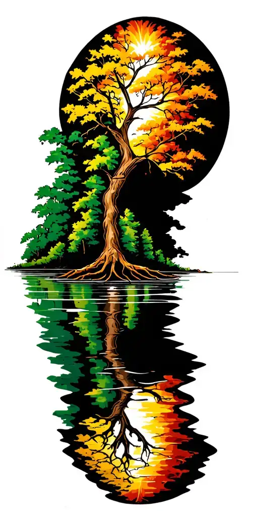 Irish Tree Of Life With Roots Into A Lake Reflecting
