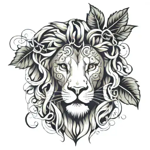 Lion Head With Vine Leaves Intertwined
