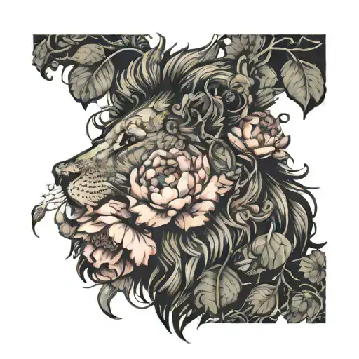Lion Head With Vine Leaves And Peony Flowers