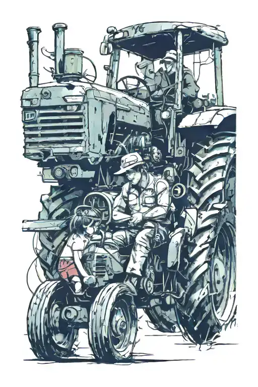 Tractor With Driver And Little Girl Sitting Next To It