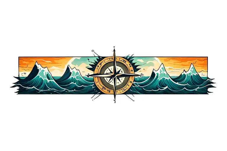 Compass With Band Made Of Mountains And Crashing Waves