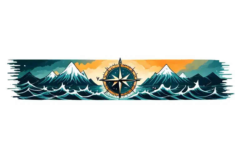 Compass With Band Made Of Mountains And Crashing Waves