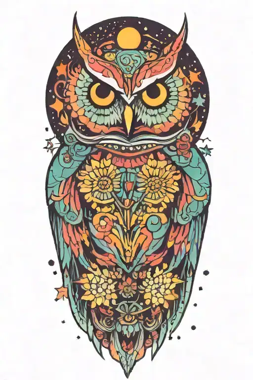 Colorful Owl With A Chrysanthemum Flower And Starry Background That Has Planets And Rockets