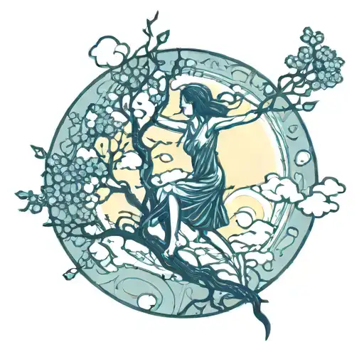 Girls Swinging From Tree With Giant Full Moon In Background