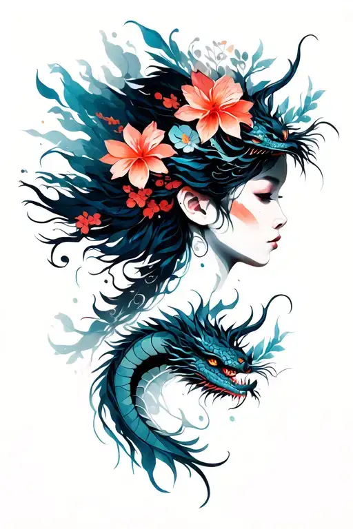 Side View Of Ninja Women With Dragon And Flowers