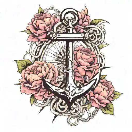 An Anchor Standing Straight With Compass Arms And Barbed Wires And Peonies Flowers Areound It