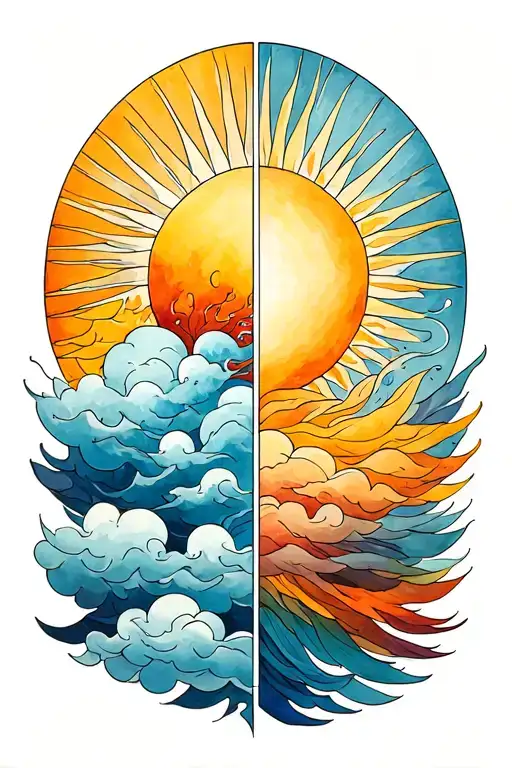 One Half Is A Sun With Rays Only And The Other Half Is Clouds Only
