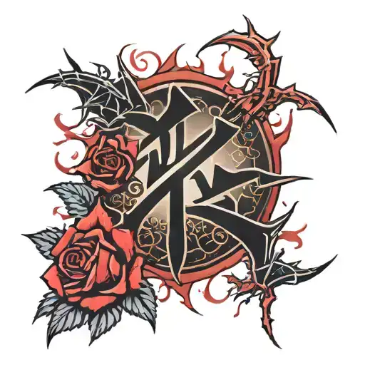 Kanji Symbol Red And Roses With Thorns Around It Dark Background Hand