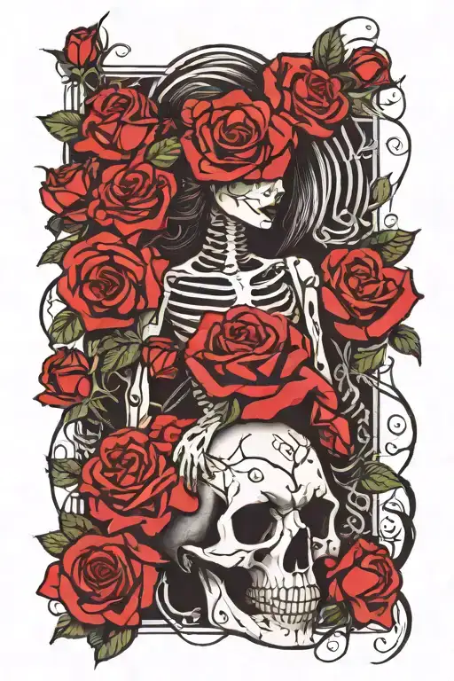 Woman And Skeleton And Roses
