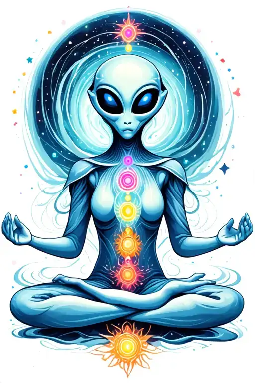 An Alien With Chakras Meditating On A Swirling Cluster Of Stars