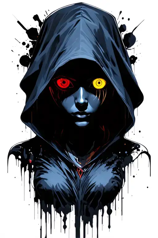 Women In Dark Hood And Right Eye Red And Left Eye Yellow No Face Visible