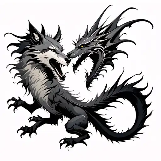 Wolf And Dragon Fighting Each Other