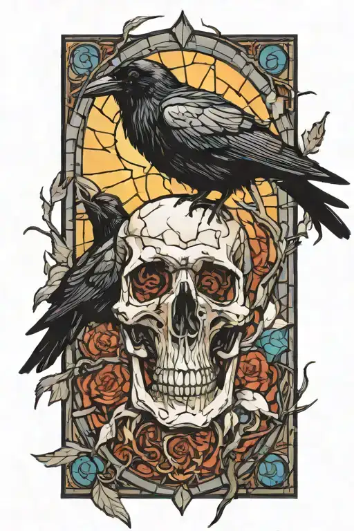 Raven Perched On Skull Stained Glass Window