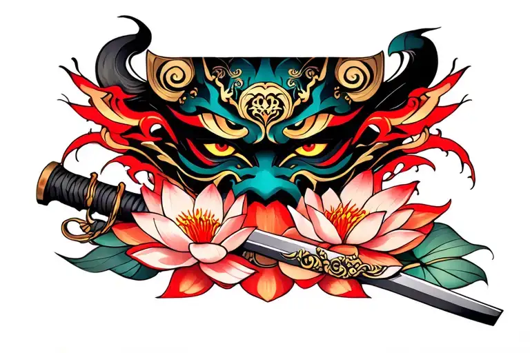 Oni Mask Split Katana And Lotus Flowers Intertwined