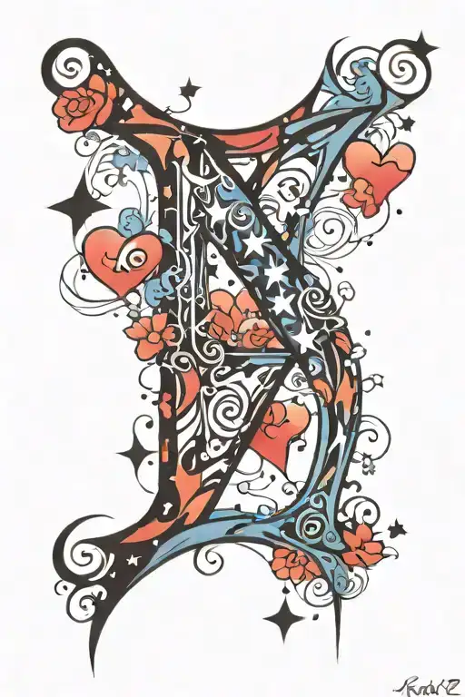 The Letter K & R With Hearts And Stars