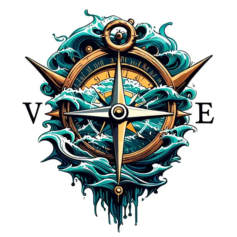 Compass With Anchor And Ocean Waves