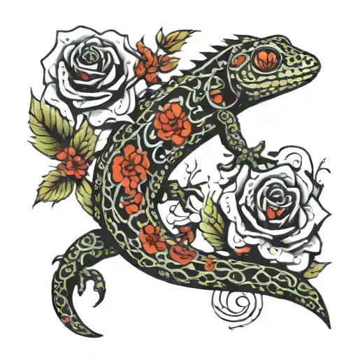 Roses Inside The Outline Of A Gecko Crawling