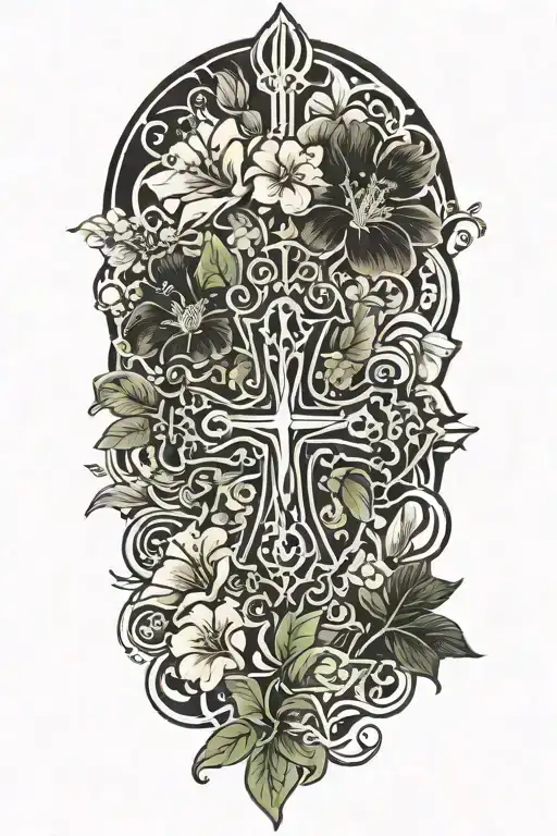 Hibiscus Flowers And Sakura Flowers With Cross Surrounded