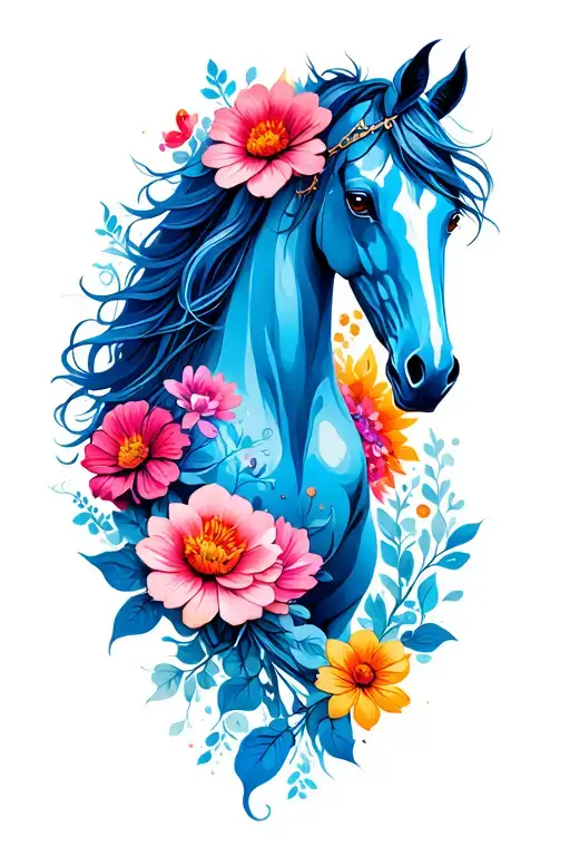 Blue Horse With And Flowers Intertwined