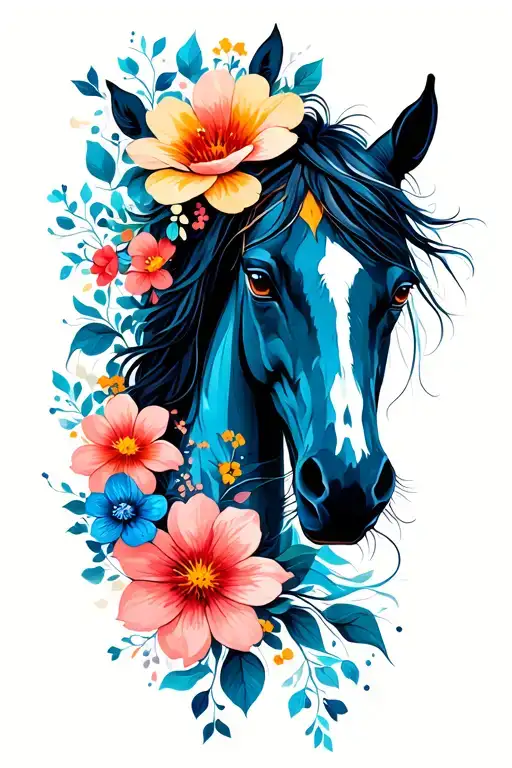 Black And Blue Horse With And Flowers Intertwined