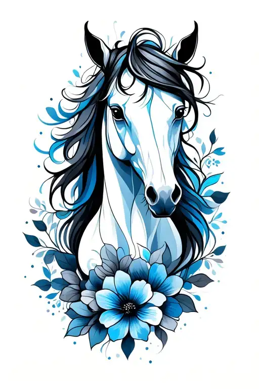 Black And Blue Horse With And Flowers Intertwined