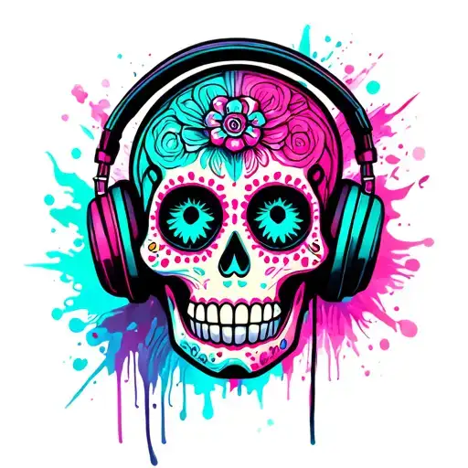 Sugar Skull Wearing Headphones