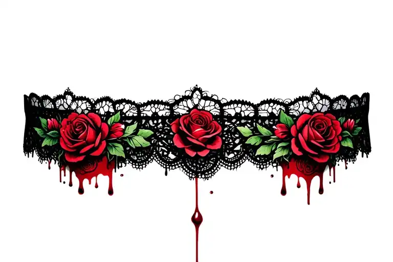 Woman's Lace Choker Dripping Blood And Adorned With Roses And Flowers