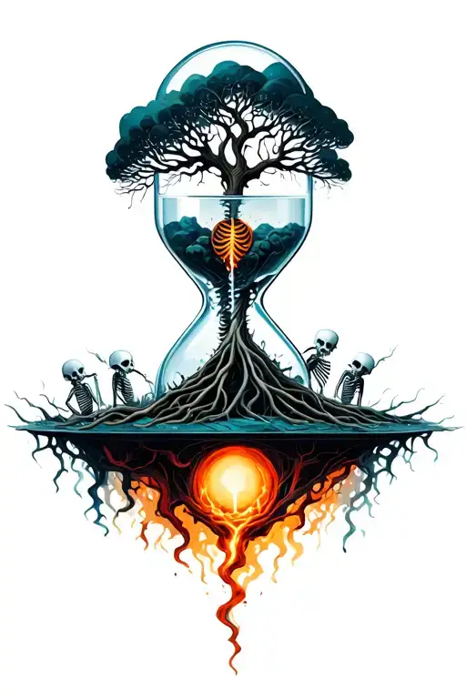 Tree Of Life Intertwined In Hourglass With Skeleton Souls Trying To Escape From Hell Below