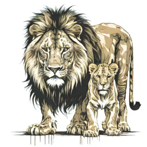 Lion And Cub Staring With Lioness