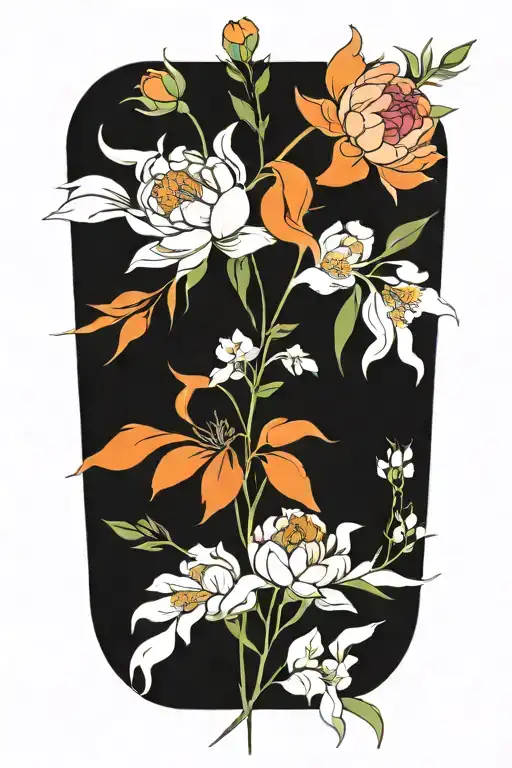 A Peony And Larkspur Bouquet Intertwined With Paintbrushes And Splashes Of Orange Paint