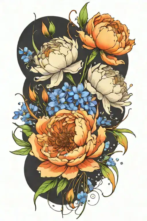 A Peony And Larkspur Bouquet Intertwined With Paintbrushes And Splashes Of Orange Paint