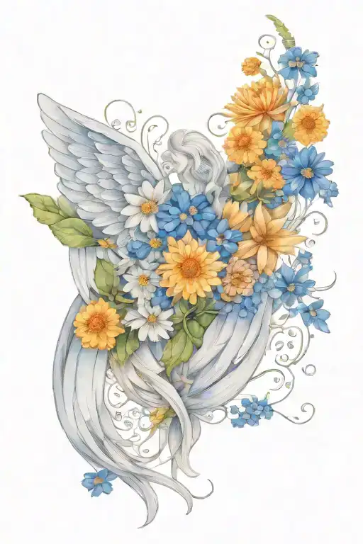 Angel Wings Surrounded By Chrysanthemum And Larkspur Flowers