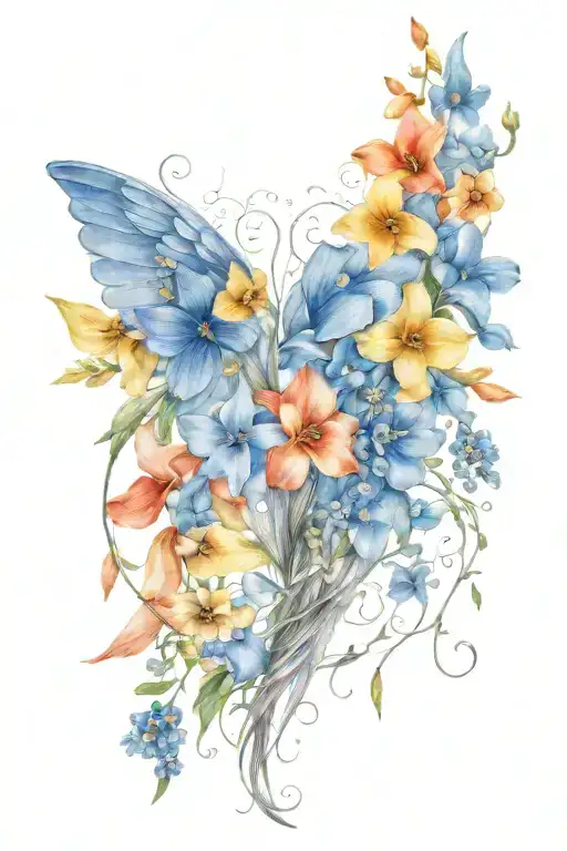 Angel Wings Surrounded By Larkspur Flowers