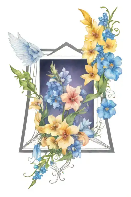 Angel Wings Surrounded By Larkspur Flowers